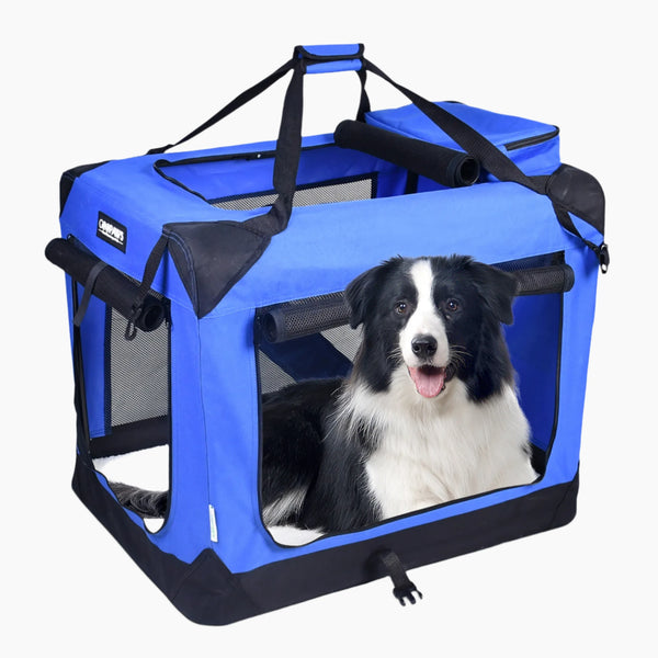 JESPET Soft Pet Crates Kennel, 3 Door Soft Sided Folding Travel Pet Carrier with Straps and Fleece Mat for Dogs, Cats, Rabbits, Indoor/Outdoor Use with Grey, Blue & Beige, Black