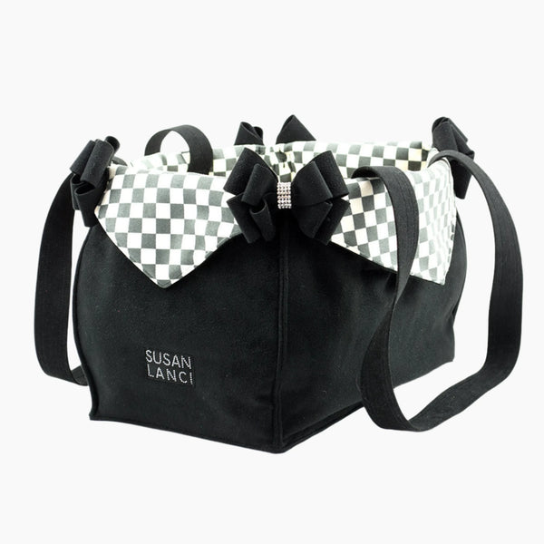 Susan Lanci Designs Black Double Nouveau Bow Luxury Carrier with Windsor Check Flaps