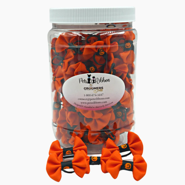 GG109P | 50-100 Halloween Pumpkin Trim Dog Cat Pet Bows in a Jar 1"|Pets Ribbons